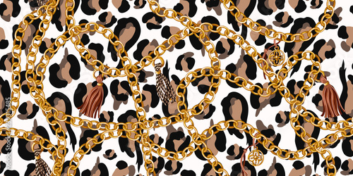 Trendy seamless pattern with gold chains on leopard skin. Vector.