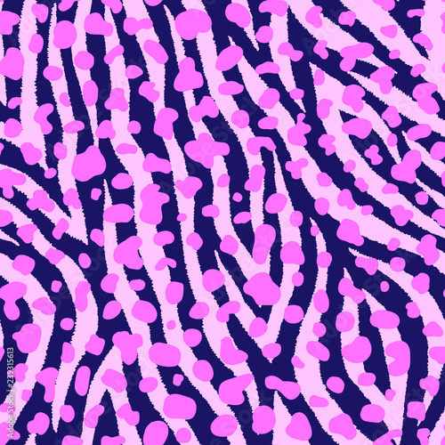 Seamless pattern with zebra fur print. Vector illustration. Exotic wild animalistic texture. Neon pink and dark blue stripes and spots wallpaper. 