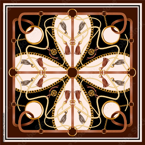 Design scarf with belts, chain and braid for fabric. Vector.