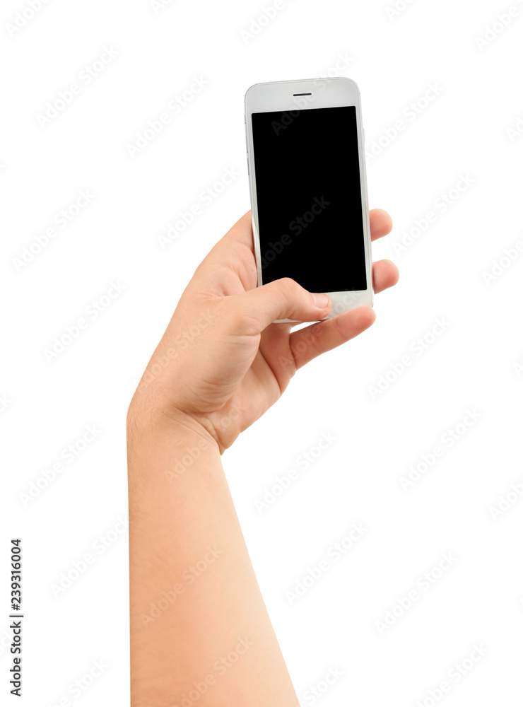 Young man holding mobile phone on white background