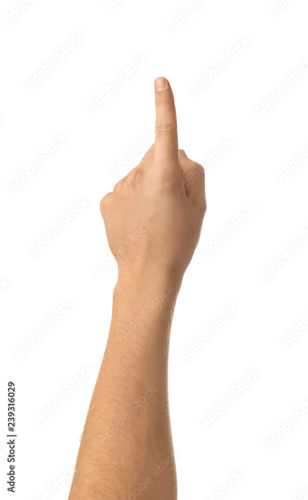 Male hand pointing at something on white background Male hand pointing at something on white background