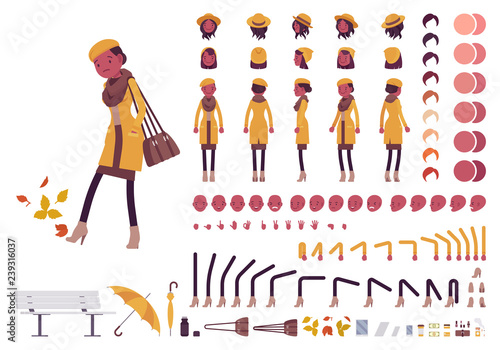 Stylish black woman in autumn clothes character creation set