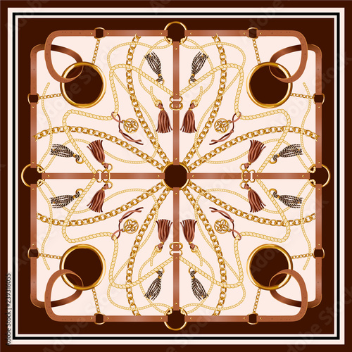 Design scarf with belts, chain and braid for fabric. Vector.