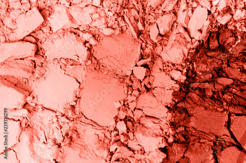 A broken colored in color of year 2019 Living Coral eye shadow make up palette. flat lay. Copy space for your text. Creative fashion and beauty living coral concept.