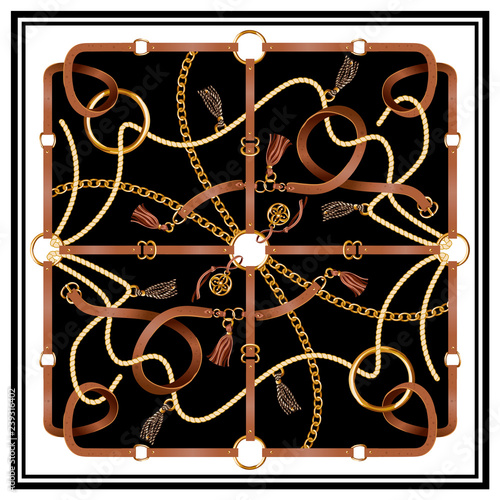 Design scarf with belts, chain and braid for fabric. Vector.