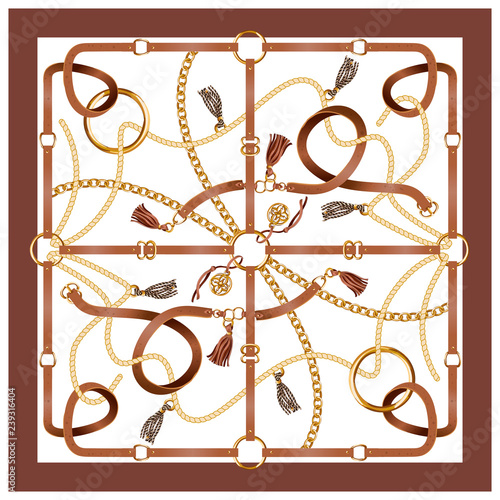 Design scarf with belts, chain and braid for fabric. Vector.