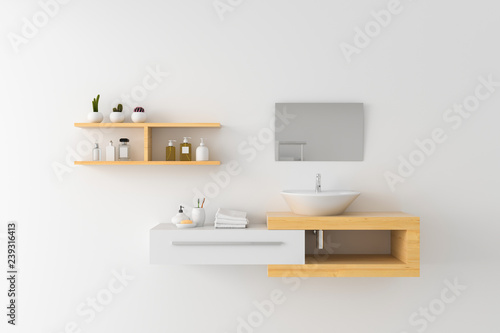 White basin on wooden shelf and mirror on wall, 3D rendering © wuttichai1983