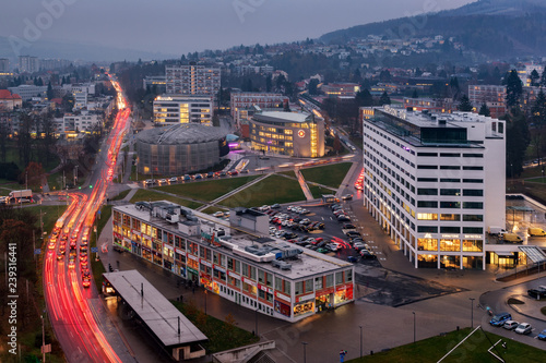 Evening autumn view on Cityscape of the Zlin, Czech Republic, Europe with colorful lights from car taken from former industrial and curent Administrative Building No. 21