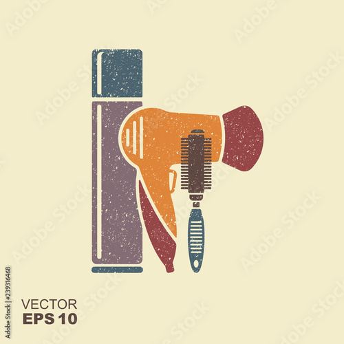 Hair styling tools. Hairbrush, hairspray, hairdryer. Flat icon with scuffed effect in a separate layer