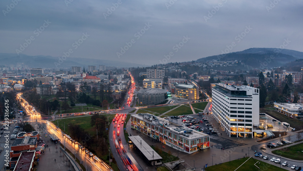 Evening autumn view on Cityscape of the Zlin, Czech Republic, Europe with colorful lights from car taken from former industrial and curent Administrative Building No. 21