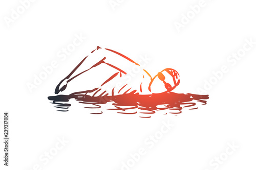 Swimming, pool, water, man, activity concept. Hand drawn isolated vector.