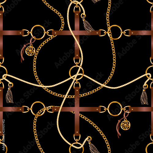 Seamless pattern with belts, chain and braid for fabric design. Vector.