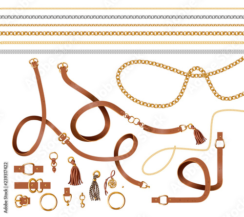 Set of the belt elements, chain and braid for fabric design. Vector.