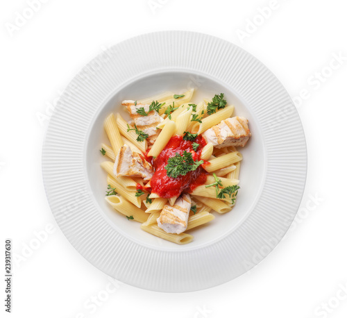 Plate with tasty penne pasta on white background