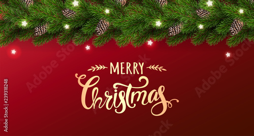 Gold Merry Christmas text on red background with garland of Christmas tree branches, stars. Xmas and New Year card. Vector Illustration