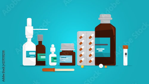 Medication set. Collection of pharmacy drug in bottle