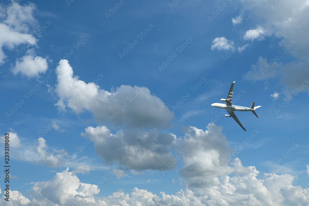 Fototapeta premium Airplane flying in blue sky and clouds