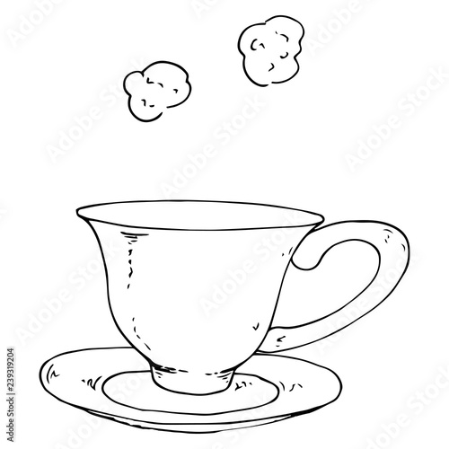 Tea mug with saucer and sugar cubes. Vector illustration of a tea cup and saucer. Hand drawn cup of tea with a saucer.