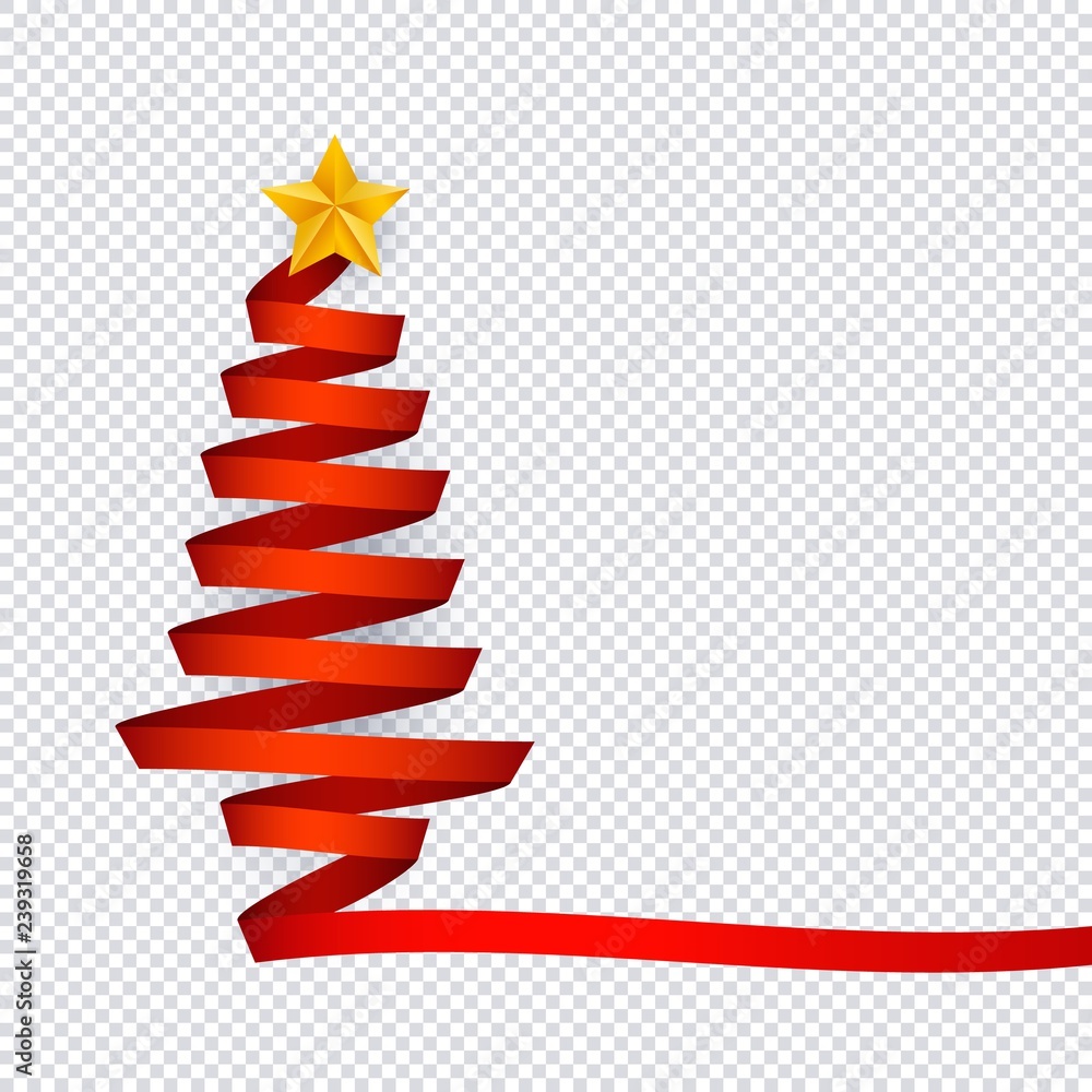 Vector illustration of Christmas tree made from red ribbon with golden star on top in realistic style on transparent background - winter holidays element for congratulation or promotion design.