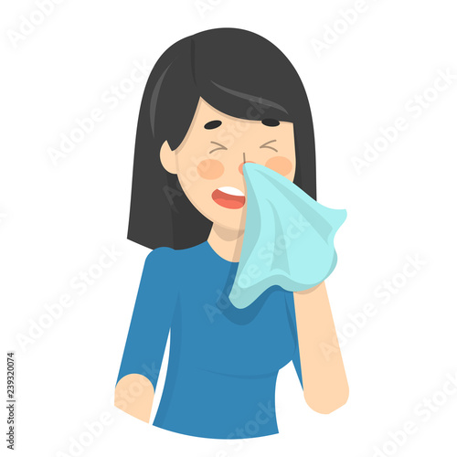 Woman sneeze. Ill girl in a fever