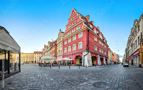 Wroclaw, Poland. Panoramic view of old colorful building on Plac Solny (Solny Square) - the secondary market square of the Old Town