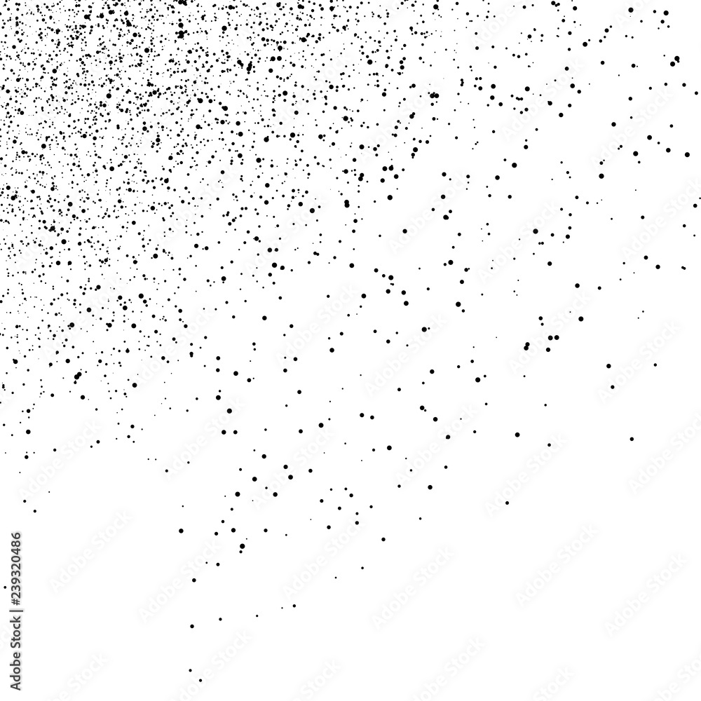 Black spots, noise and grain scatter glitter falling on white ditress textured abstract background vector illustration