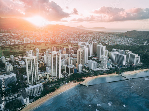 Photography Skyline of Waikiki, Honolulu, Oahu, Hawaii while sunrise