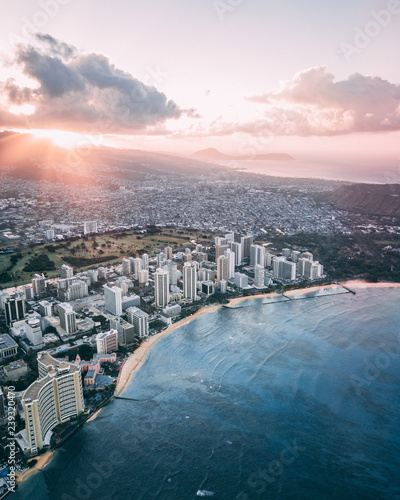 Skyline of Waikiki  Honolulu  Oahu  Hawaii while sunrise