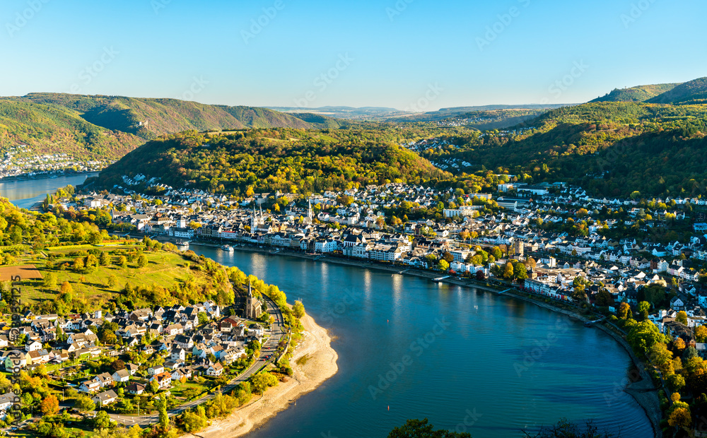 Aerial view of Filsen and Boppard towns with the Rhine in Germany