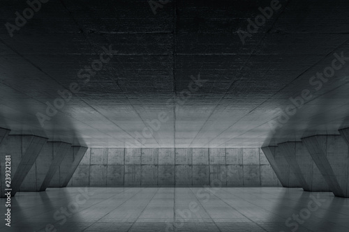 Abstract Empty space with dark wall. Modern blank showroom with floor. Future concept. 3d rendering.