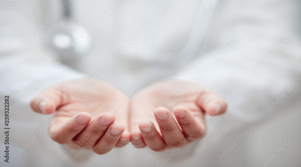 Empty hands of the Doctor , medical professional handed holding virtual object to paste text or item product . healthcare and advertisement concept, copy space Empty hands of the Doctor , medical professional handed holding virtual object to paste text or item product . healthcare and advertisement concept, copy space