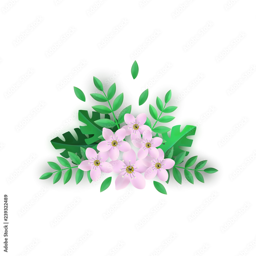 Floral composition vector illustration with beautiful pink flowers and green leaves in flat style isolated on white background - tender blooms with foliage for romantic design.