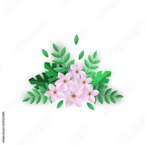 Floral composition vector illustration with beautiful pink flowers and green leaves in flat style isolated on white background - tender blooms with foliage for romantic design.