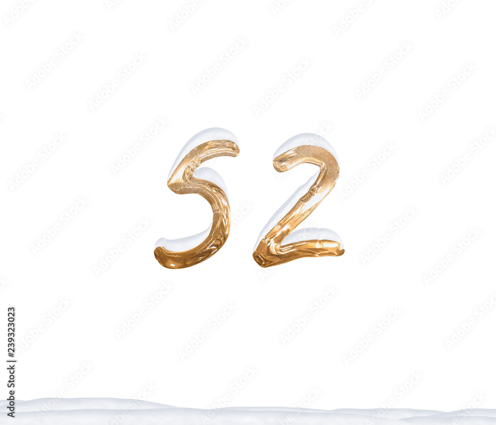Gold Number 52 with Snow on white background Gold Number 52 with Snow on white background