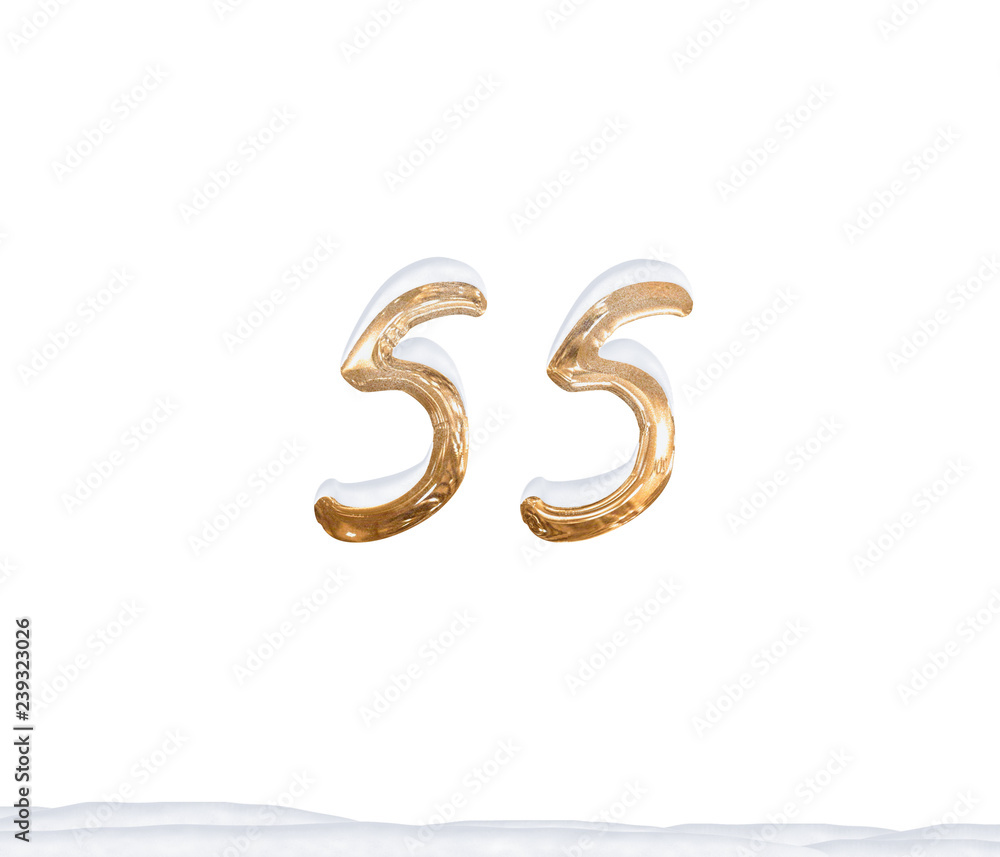 Naklejka premium Gold Number 55 with Snow on white background