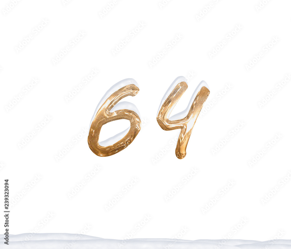Gold Number 64 with Snow on white background Gold Number 64 with Snow on white background