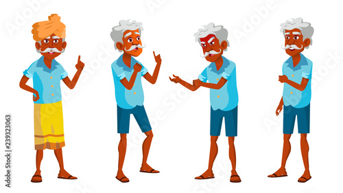 Indian Old Man Poses Set Vector. Elderly People. Senior Person. Hindu. Asian. Aged. Smile. Web, Poster, Booklet Design. Isolated Cartoon Illustration