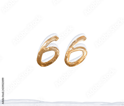 Gold Number 66 with Snow on white background