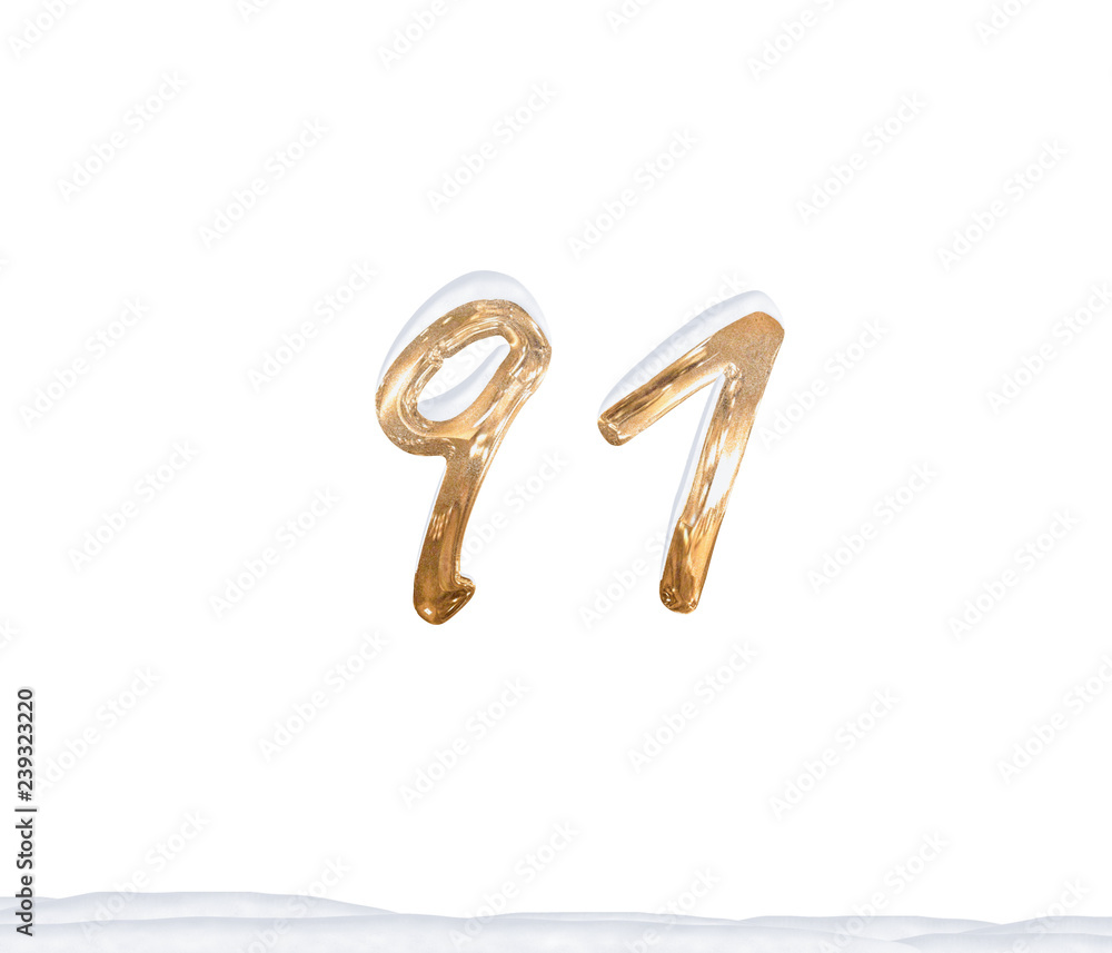 Gold Number 91 with Snow on white background Gold Number 91 with Snow on white background