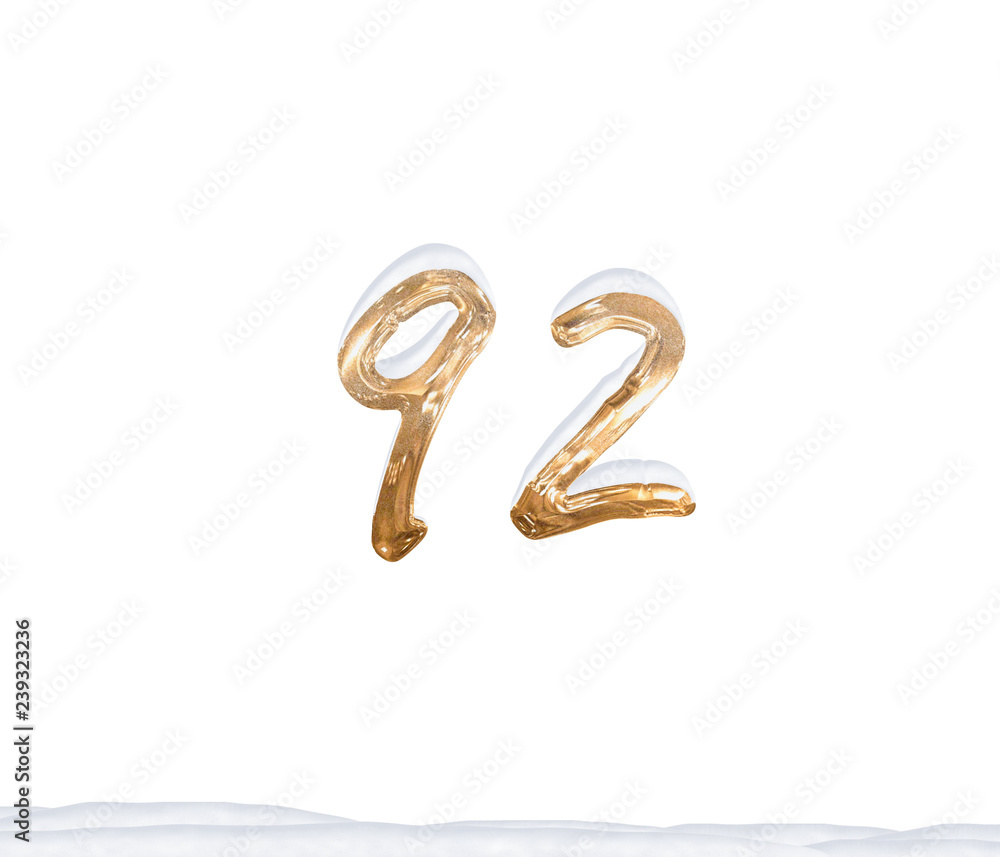 Gold Number 92 with Snow on white background Gold Number 92 with Snow on white background