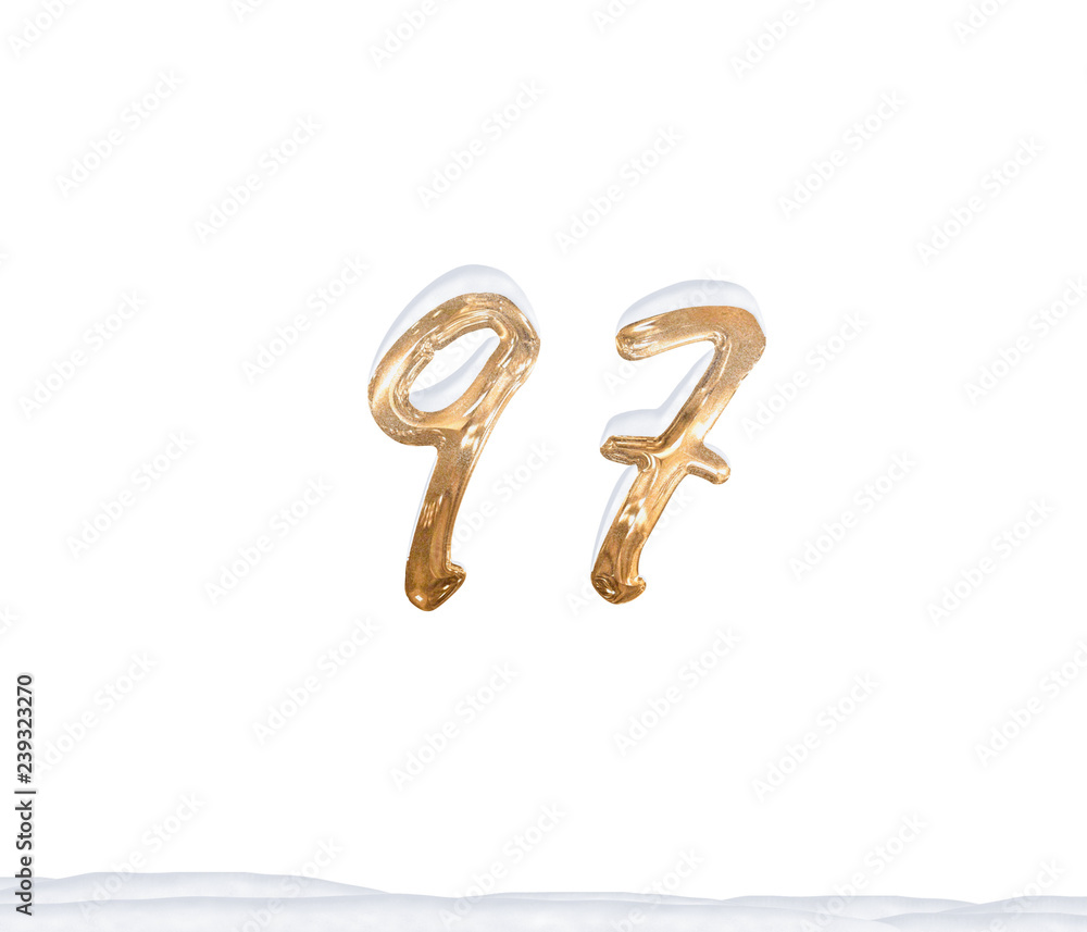 Gold Number 97 with Snow on white background Gold Number 97 with Snow on white background