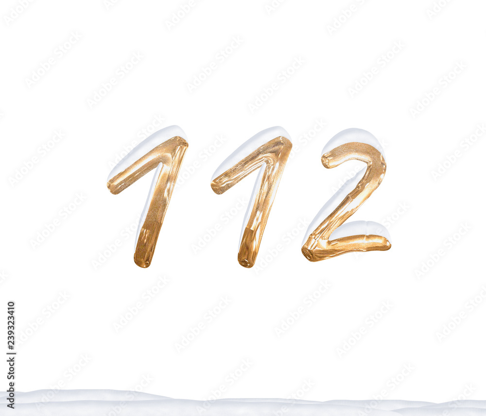 Gold Number 112 with Snow on white background Gold Number 112 with Snow on white background