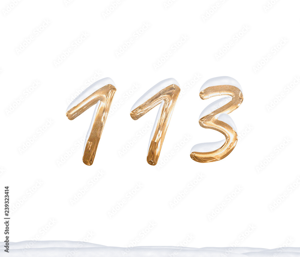 Gold Number 113 with Snow on white background Gold Number 113 with Snow on white background