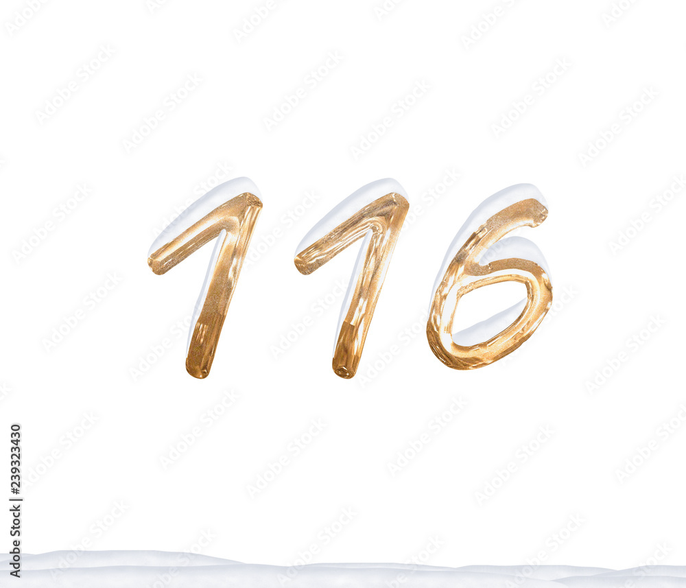 Gold Number 116 with Snow on white background Gold Number 116 with Snow on white background
