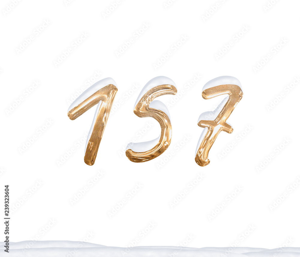 Gold Number 157 with Snow on white background Gold Number 157 with Snow on white background