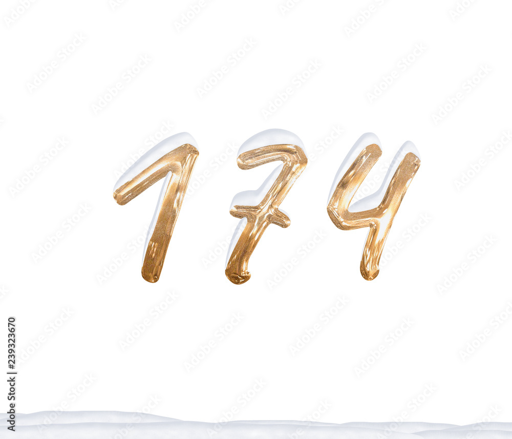 Gold Number 174 with Snow on white background Gold Number 174 with Snow on white background