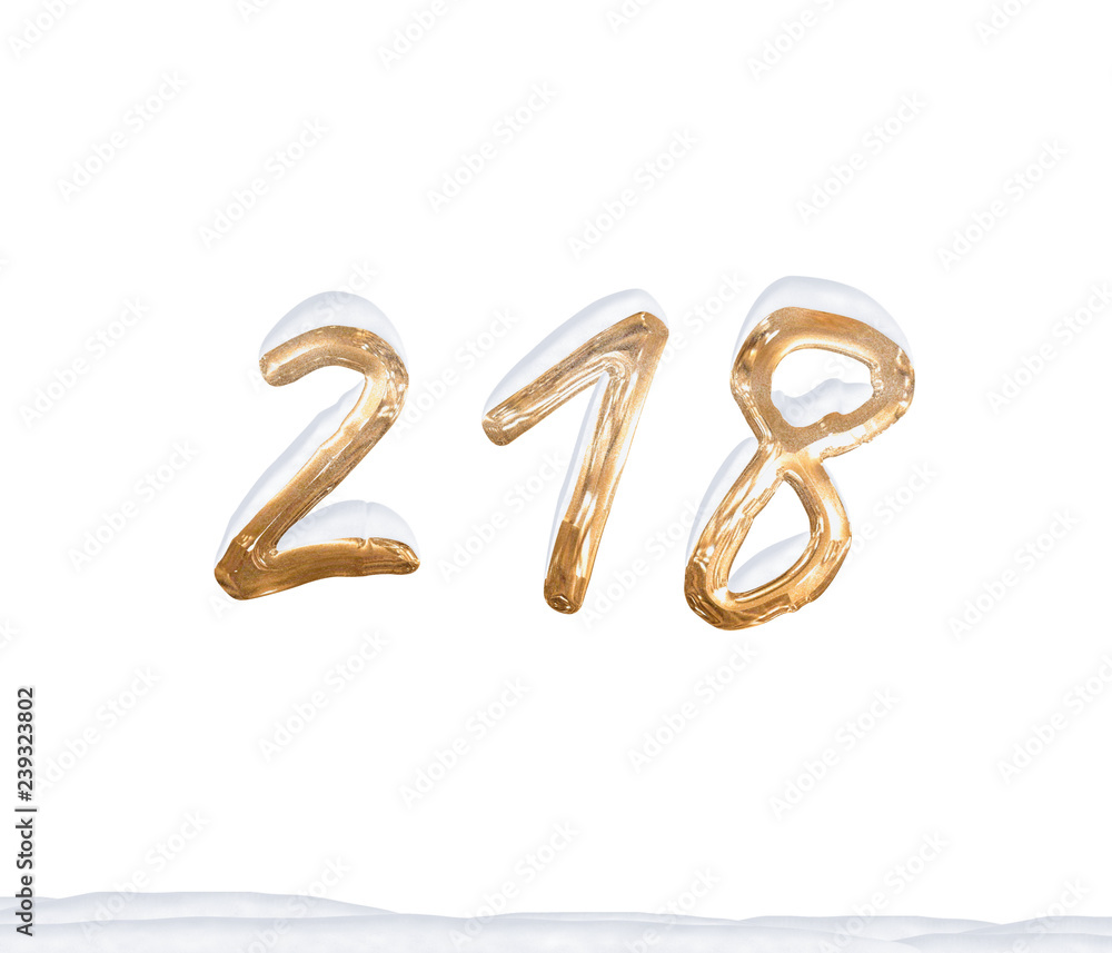 Gold Number 218 with Snow on white background Gold Number 218 with Snow on white background