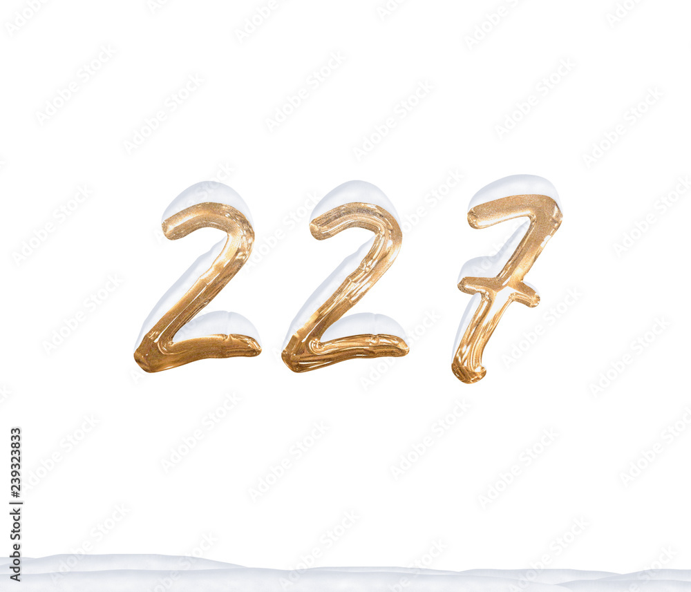Gold Number 227 with Snow on white background Gold Number 227 with Snow on white background