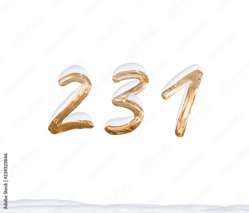 Gold Number 231 with Snow on white background Gold Number 231 with Snow on white background