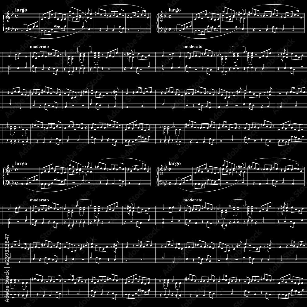 White music sheet on black, seamless pattern